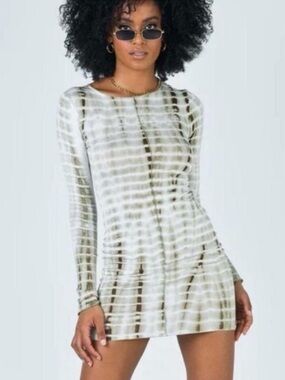 Princess Polly White and Olive Tie-Dye Long Sleeve Mini Dress